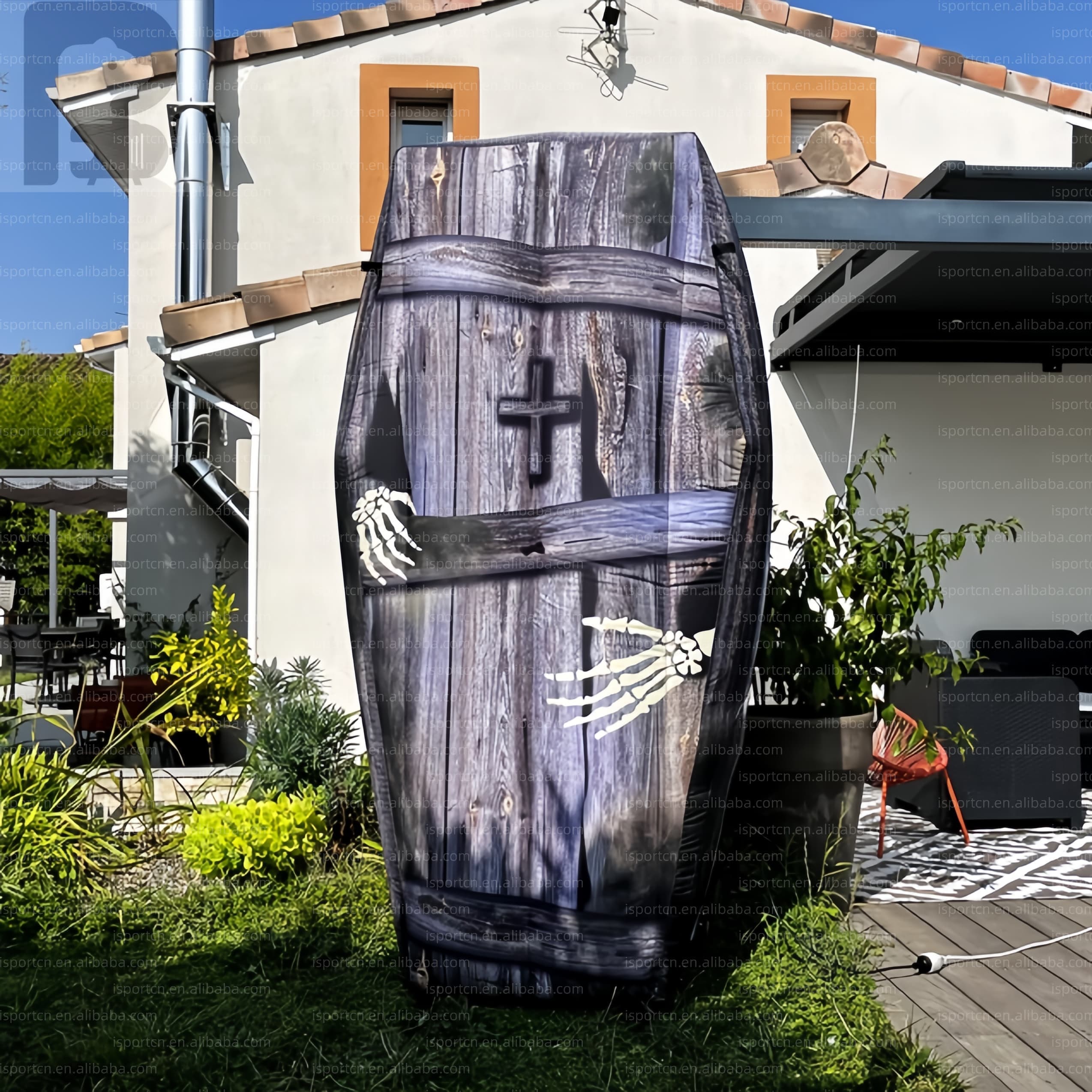 Giant Inflatable Coffin with Skeleton Hands Halloween Decoration